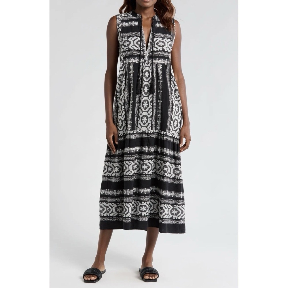 Elan Black &White Embroidered Tiered Sleeveless Cotton Cover-Up Midi Dress M NWT